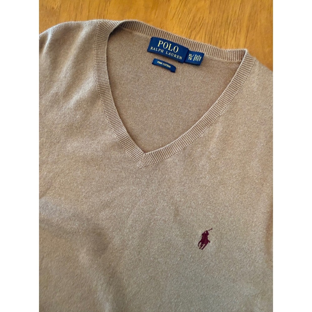 Polo Ralph Lauren Mens XL Pima Cotton V-Neck Sweater Tan Camel Burgundy Pony